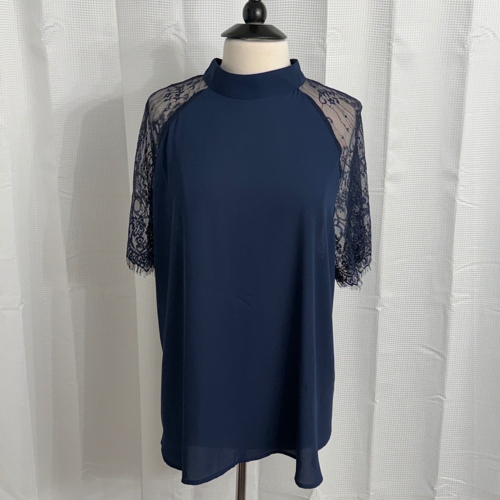 Emery Rose Sheer Lace Short Raglan Sleeve Mocked Collar Blouse